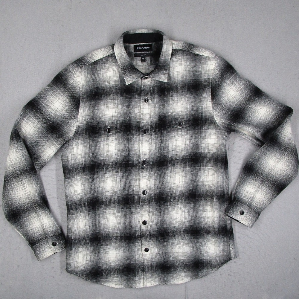 Bonobos Mens Shirt Jacket Large Long Black Ombre Plaid Wool Blend 25215-BK641